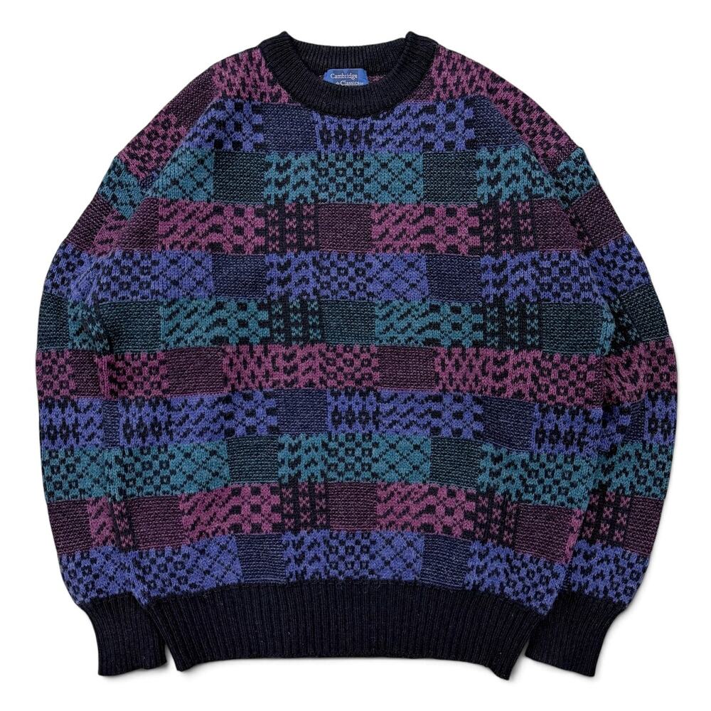 Vintage Cambridge Classics Abstract Geometric Knit Sweater 90s Large Colorblock